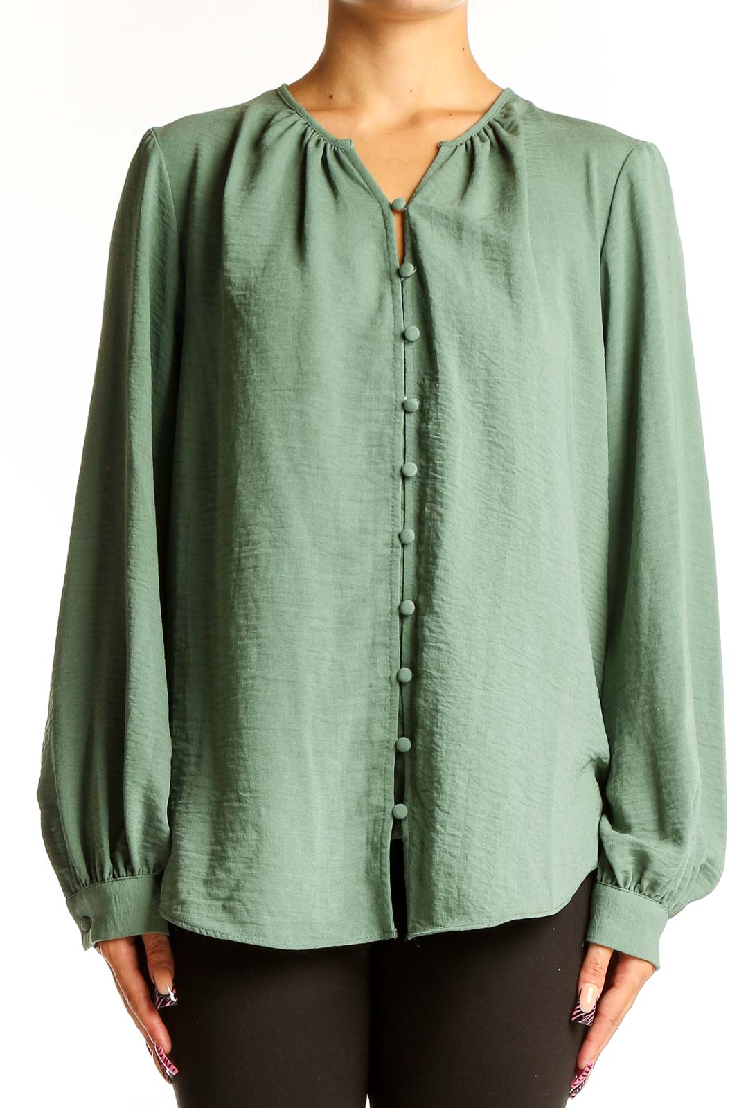 Front view of Nine West sage green button-front long sleeve blouse