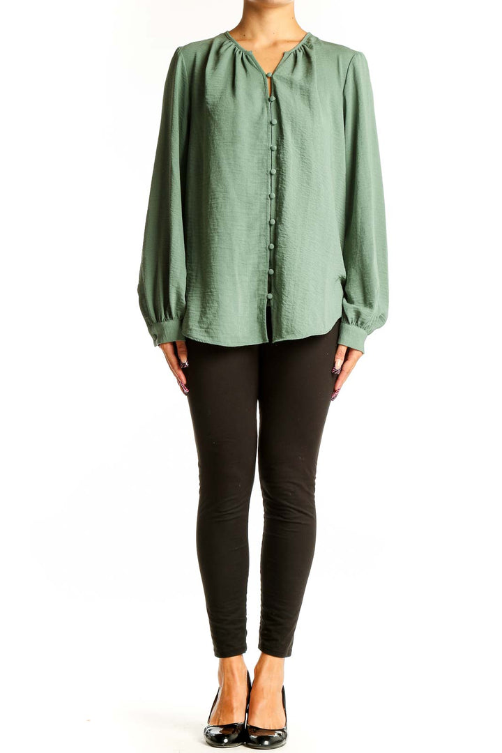 Front view of Nine West sage green button-front long sleeve blouse