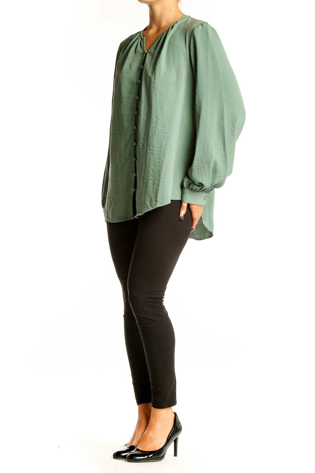 Front view of Nine West sage green button-front long sleeve blouse