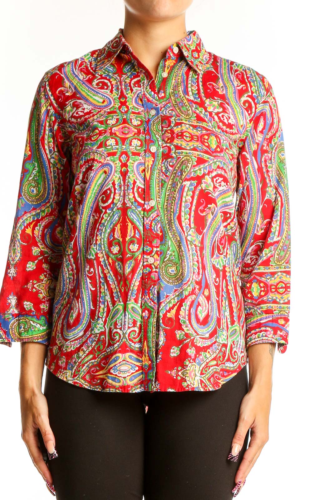 Front view of Lauren Ralph Lauren red paisley cotton button-up shirt with 3/4 sleeves
