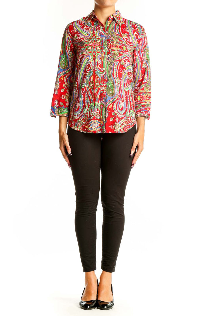 Front view of Lauren Ralph Lauren red paisley cotton button-up shirt with 3/4 sleeves