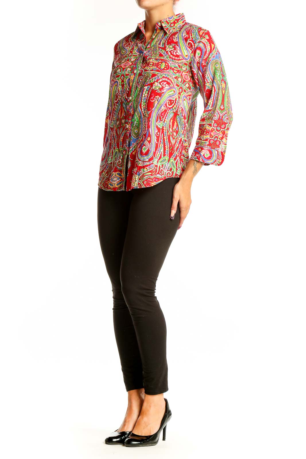 Front view of Lauren Ralph Lauren red paisley cotton button-up shirt with 3/4 sleeves
