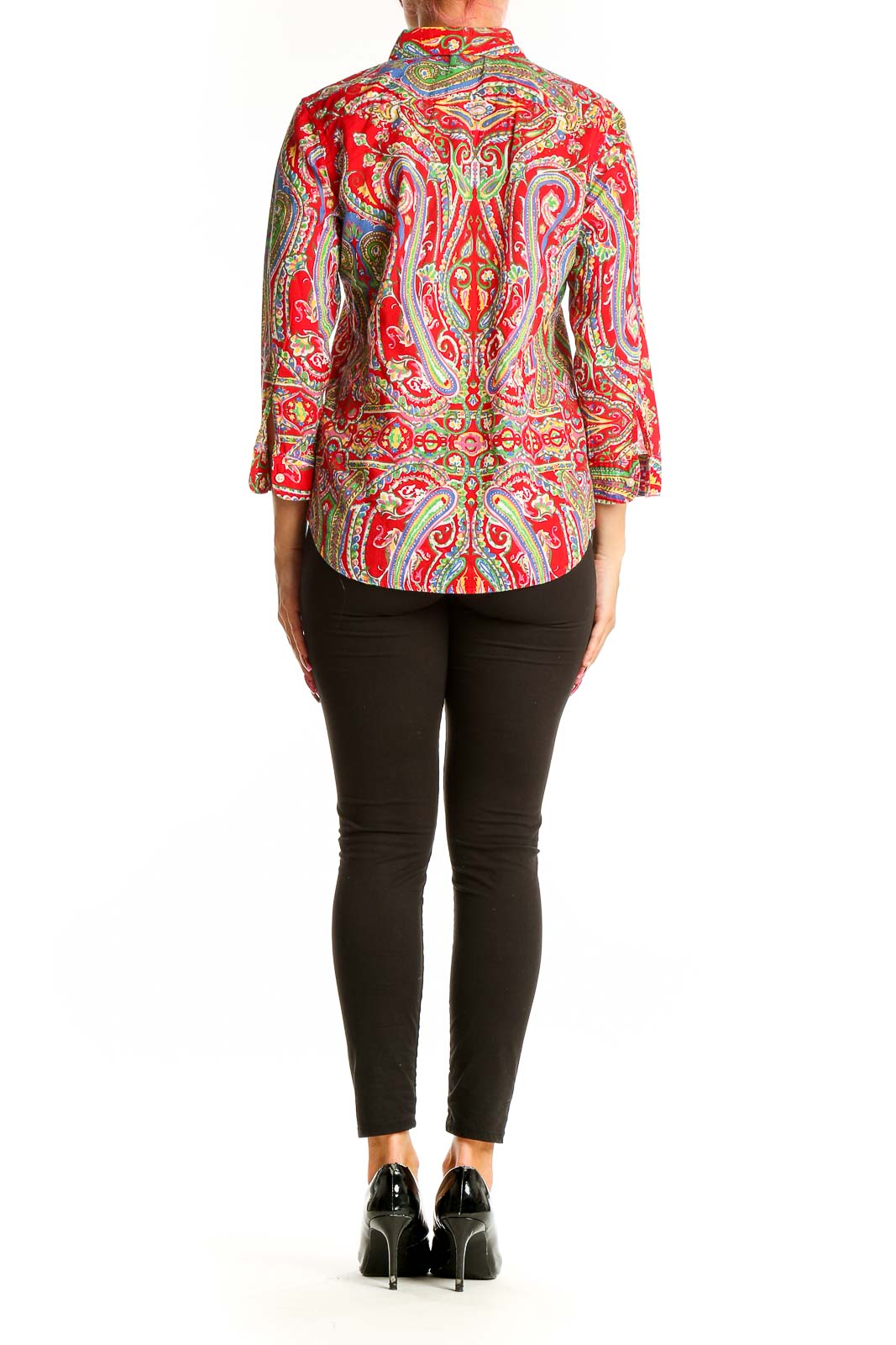 Back view of Lauren Ralph Lauren red paisley cotton button-up shirt on model with black pants