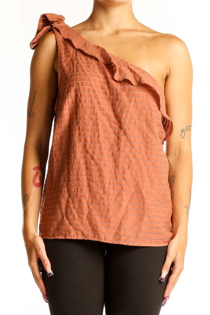 Front view of terracotta one-shoulder ruffled top by Nine West