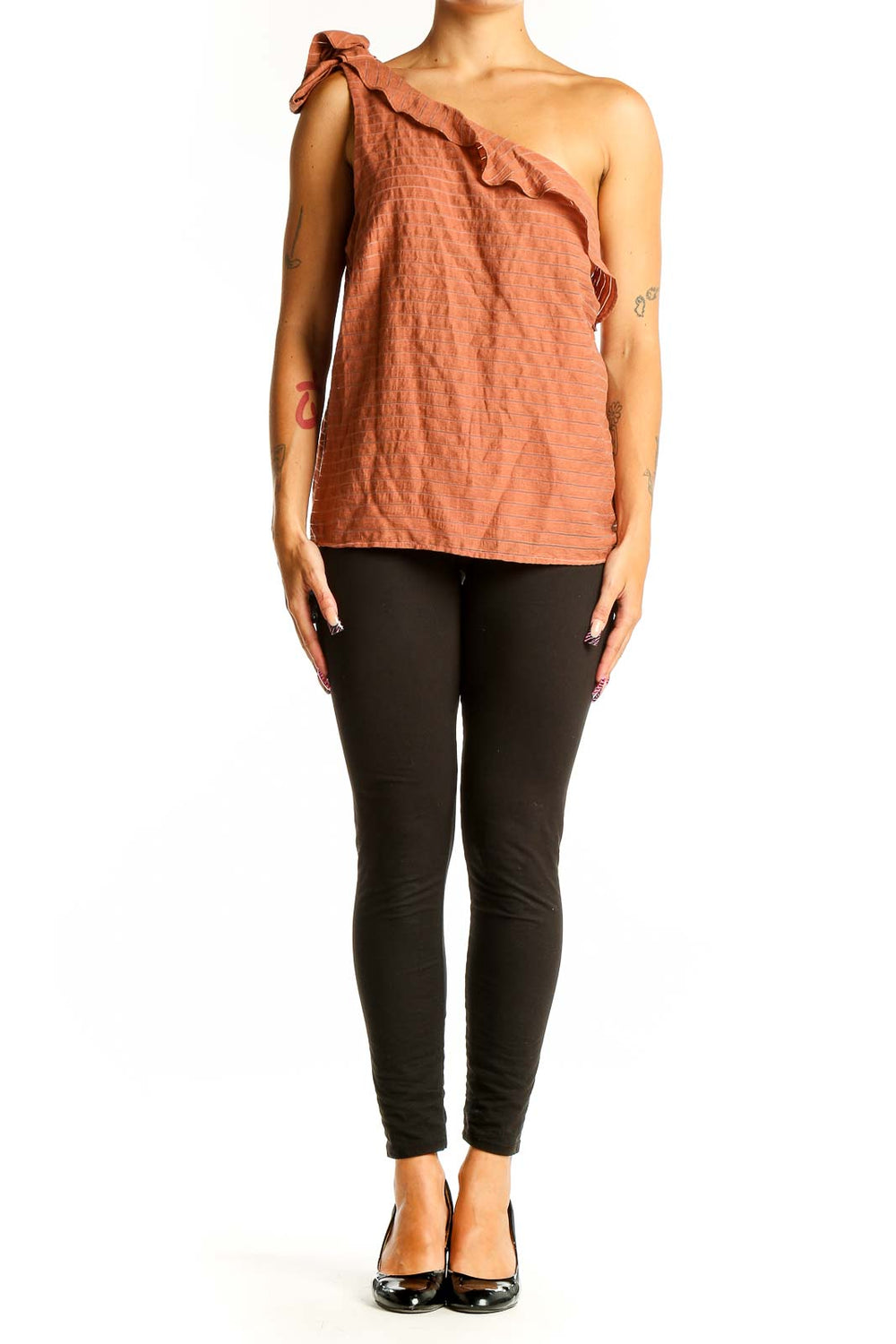 Front view of terracotta one-shoulder ruffled top by Nine West