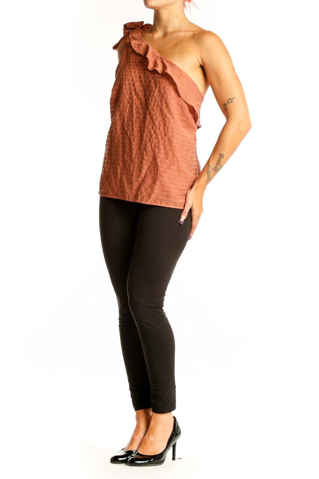 Front view of terracotta one-shoulder ruffled top by Nine West