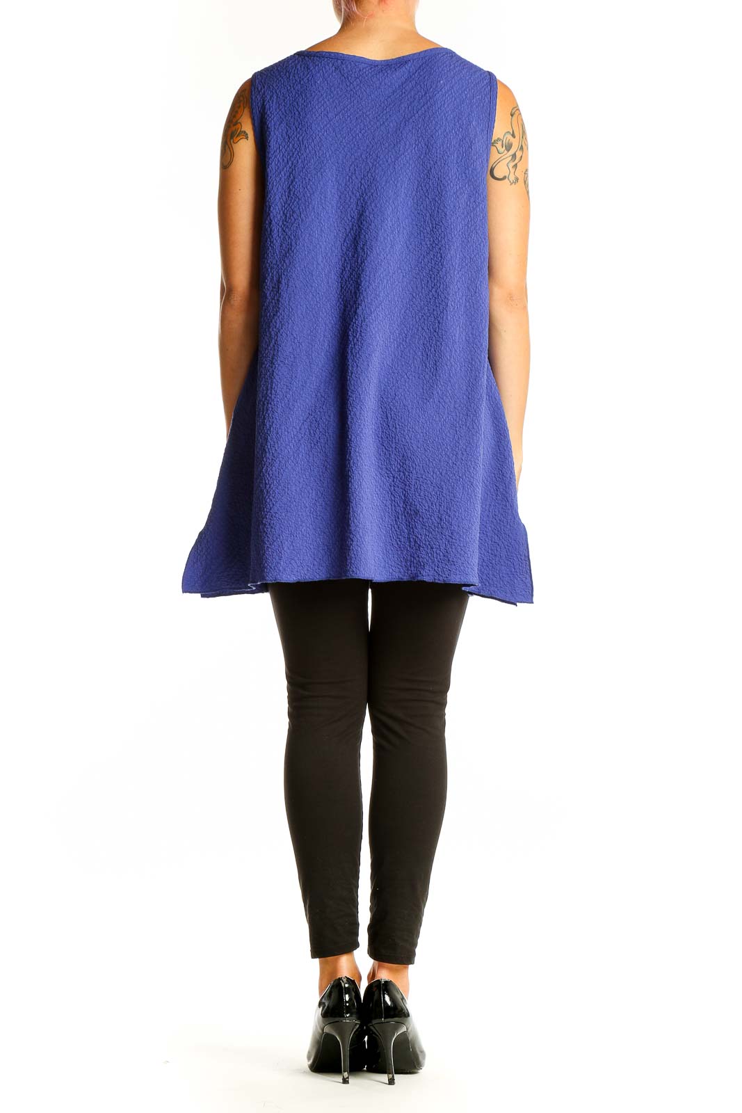 Side view of blue textured sleeveless tunic top from Soft Surroundings