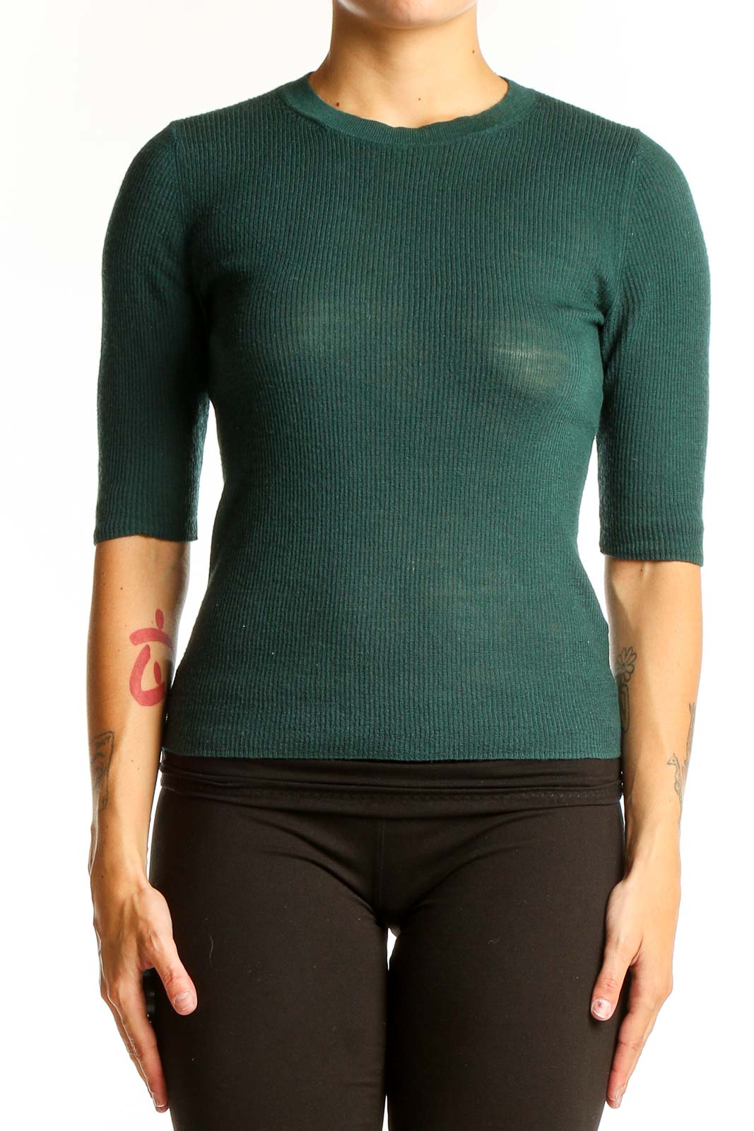 Front view of green ribbed wool Vince sweater with crewneck and elbow-length sleeves