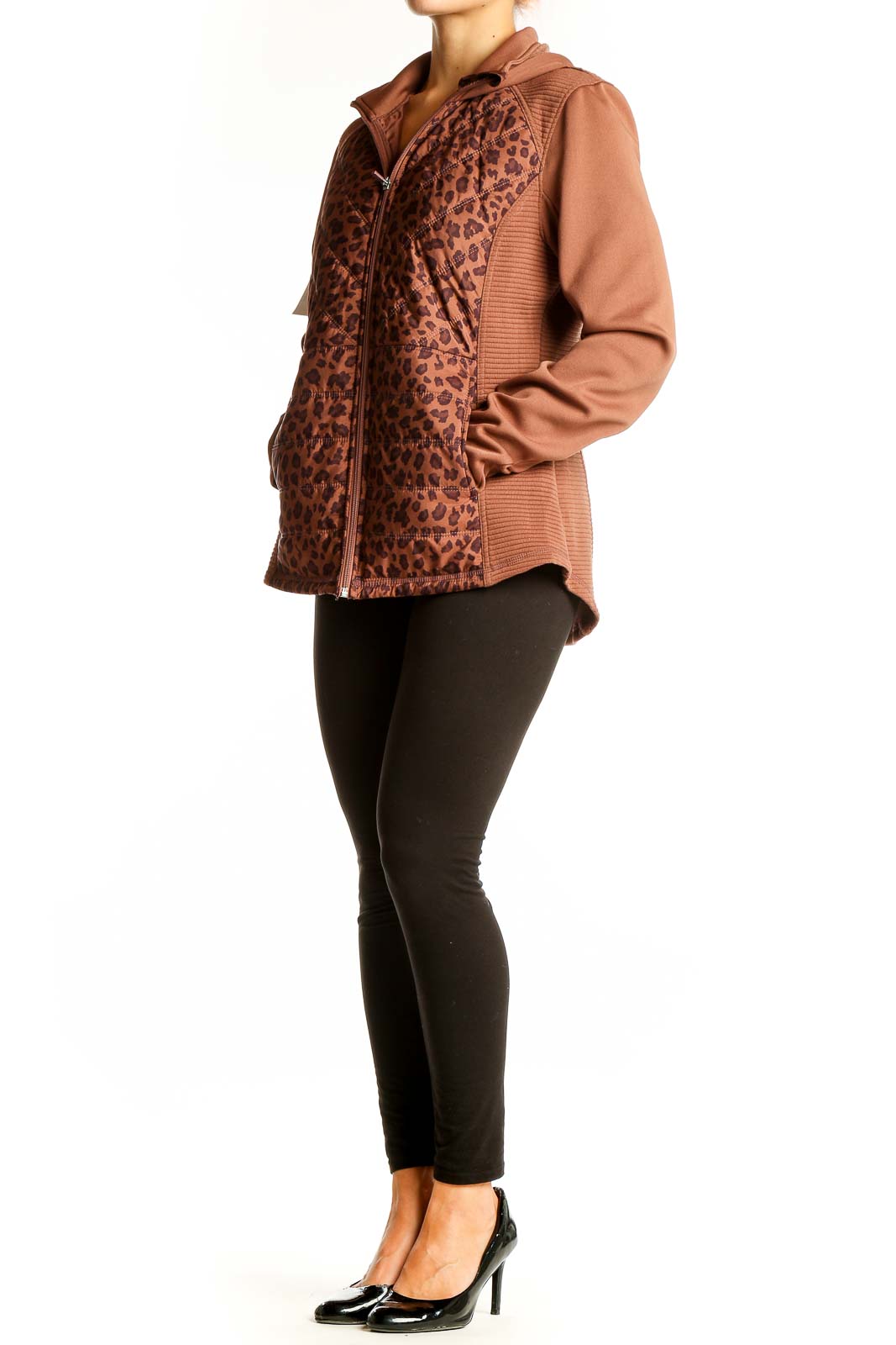 Front view of Tek Gear brown leopard print athletic jacket with quilted design