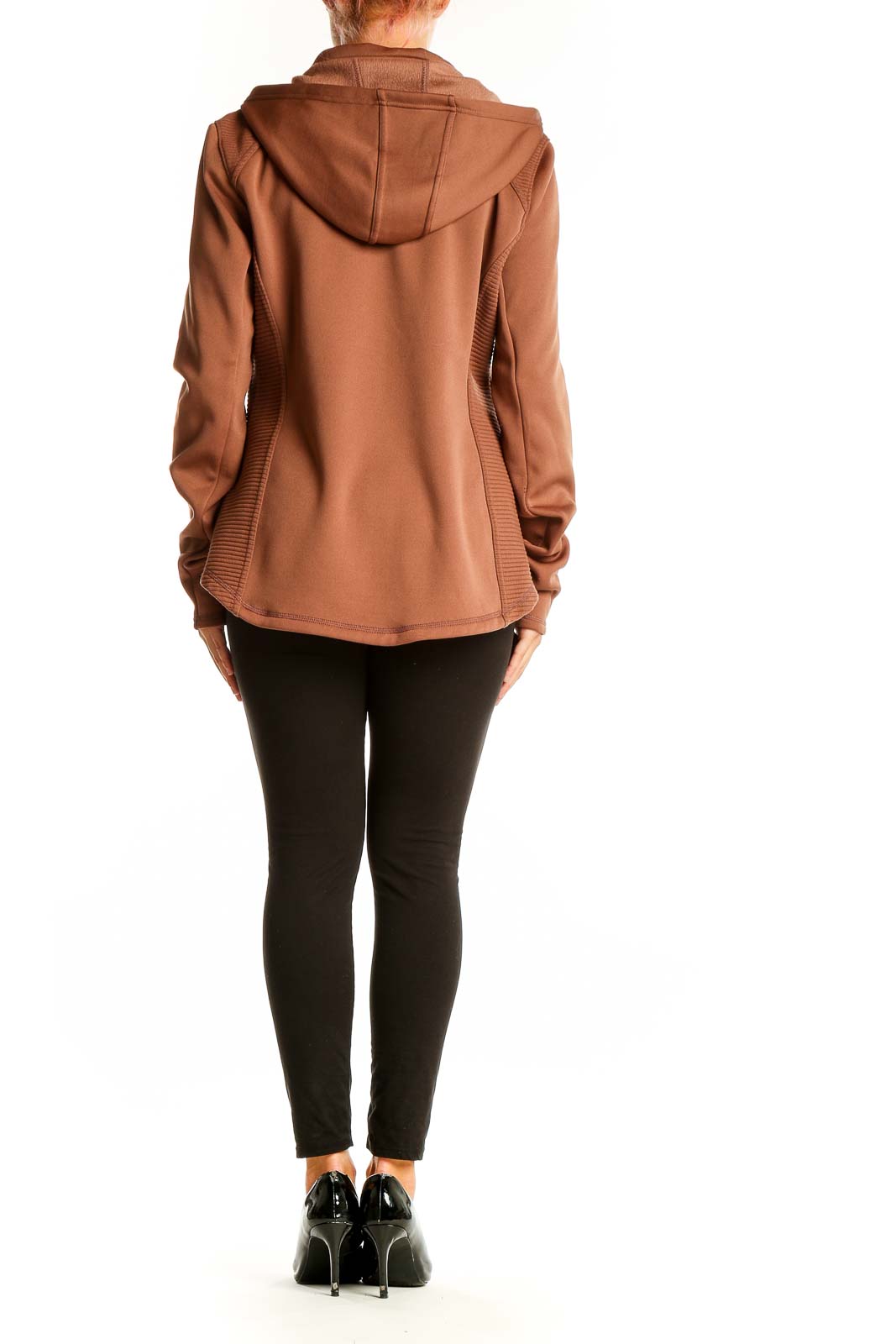 Side view of Tek Gear brown leopard print athletic jacket on model