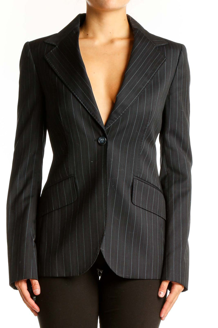 Front view of Massimo Dutti black pinstriped wool blend blazer