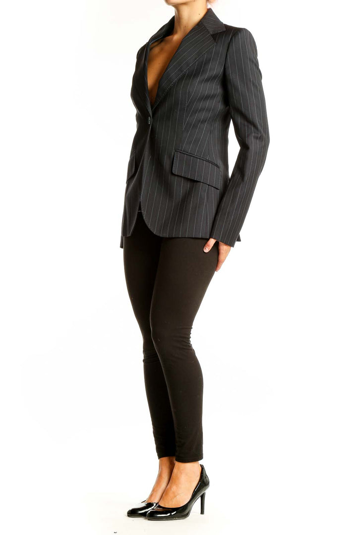 Front view of Massimo Dutti black pinstriped wool blend blazer