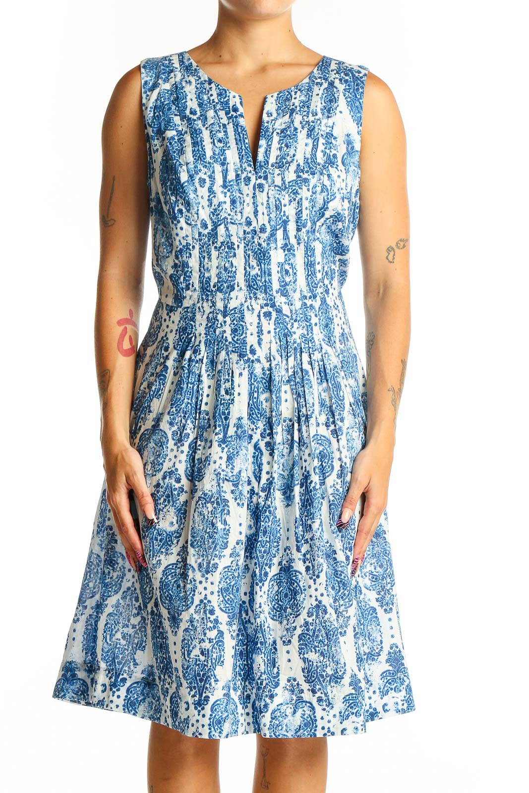 Front view of NYDJ blue and white floral sleeveless dress with A-line silhouette