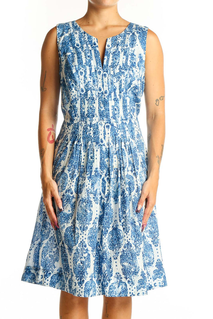 Front view of NYDJ blue and white floral sleeveless dress with A-line silhouette