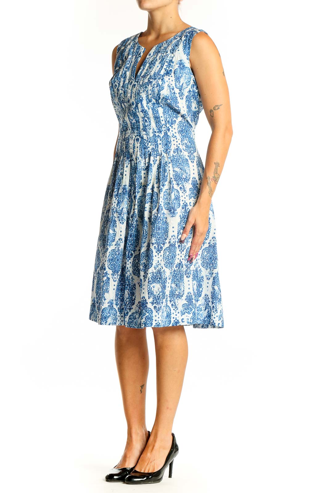 Front view of NYDJ blue and white floral sleeveless dress with A-line silhouette