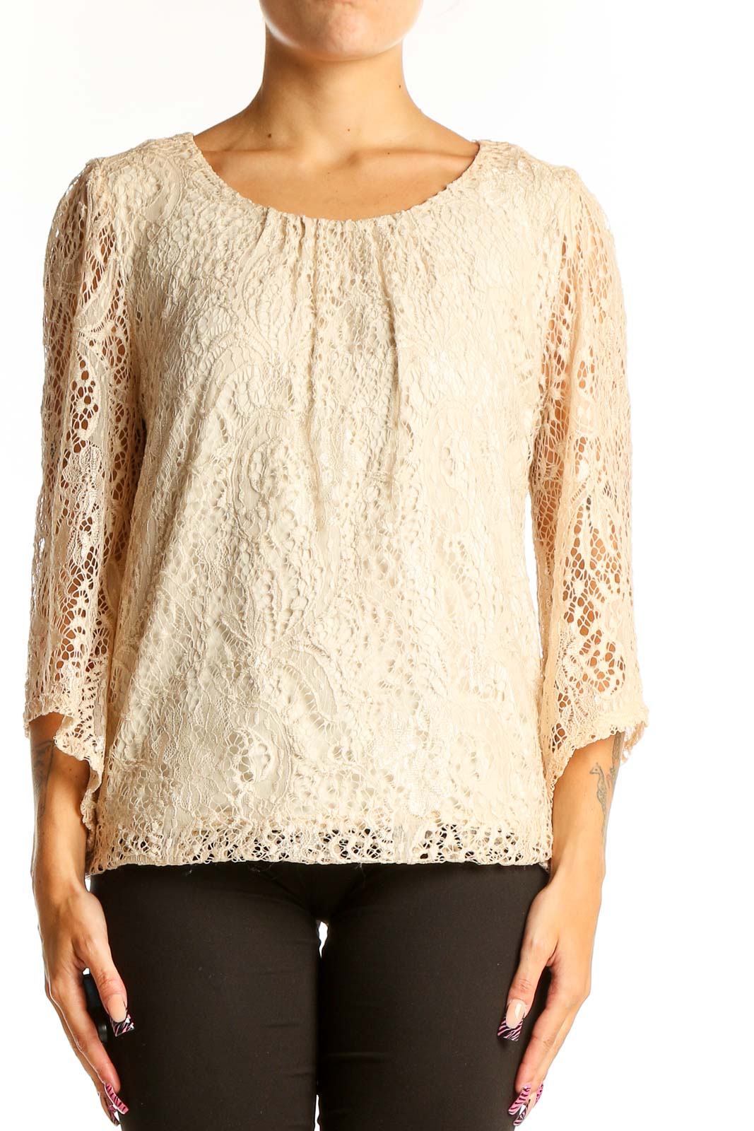 Front view of cream lace blouse with scoop neckline and 3/4 bell sleeves