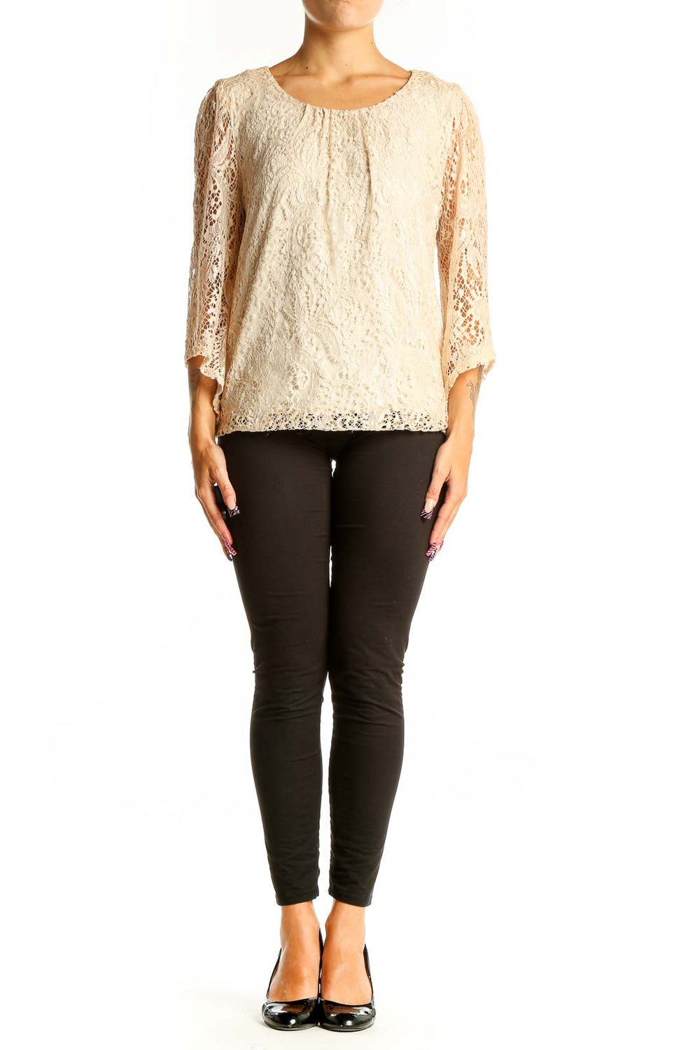 Front view of cream lace blouse with scoop neckline and 3/4 bell sleeves
