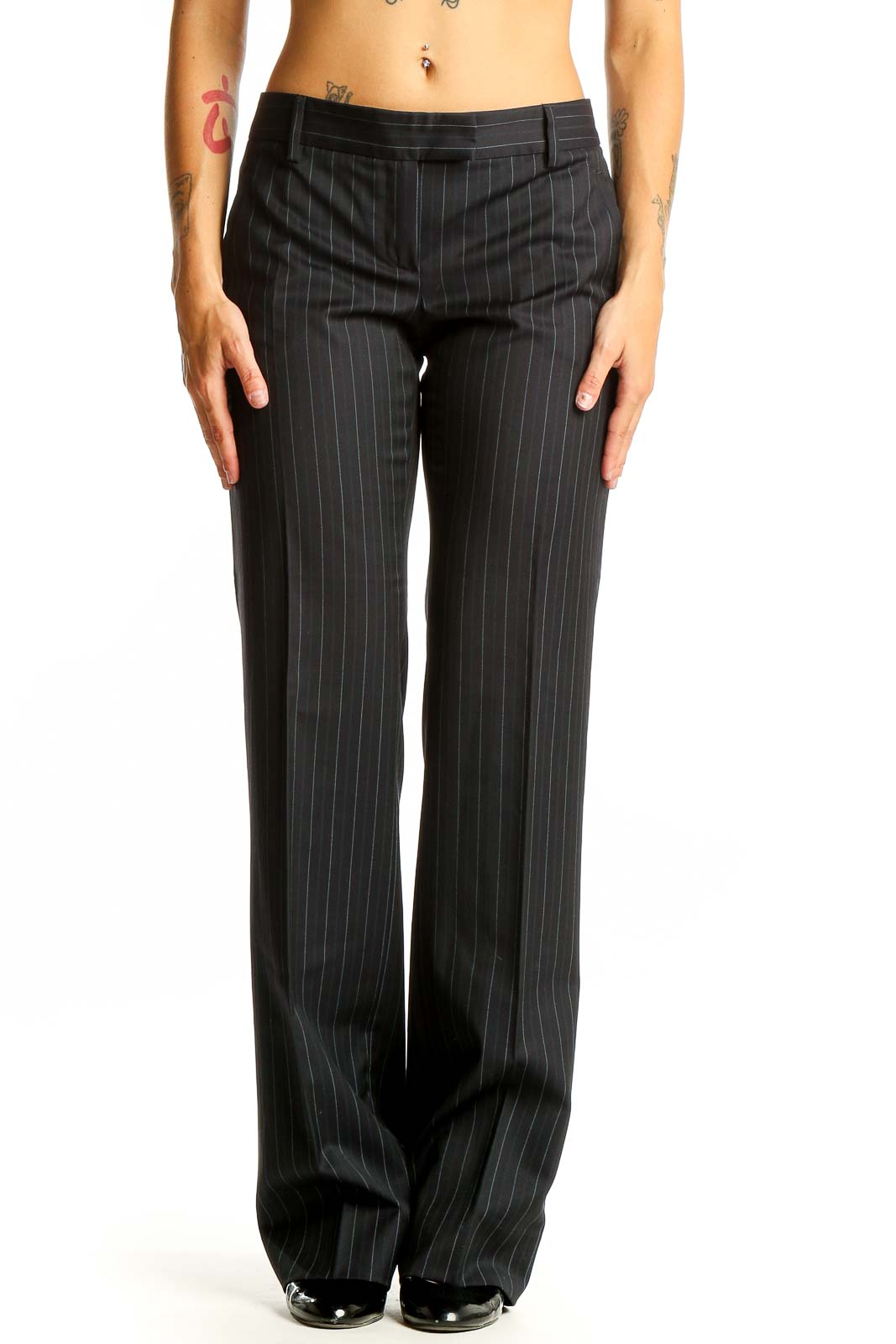 Front view of Massimo Dutti black pinstriped wide-leg trousers