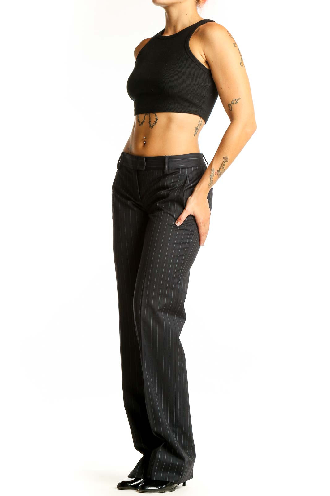 Front view of Massimo Dutti black pinstriped wide-leg trousers