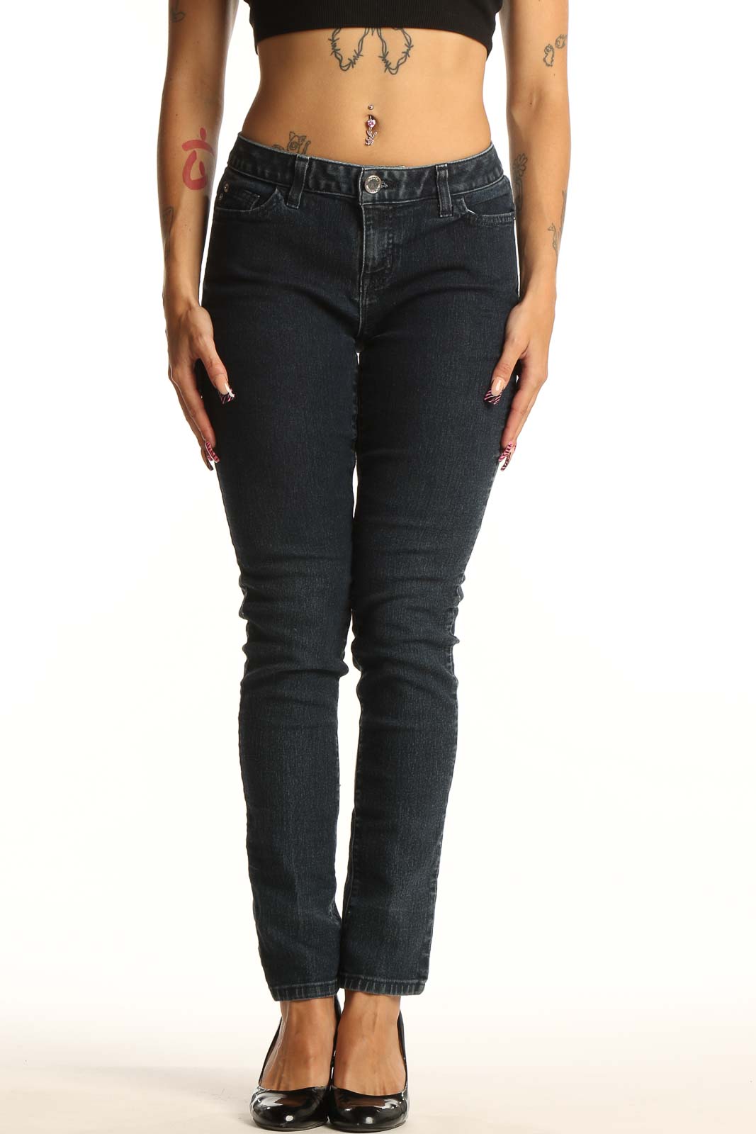 Front view of Michael Kors dark blue slim-fit jeans on model