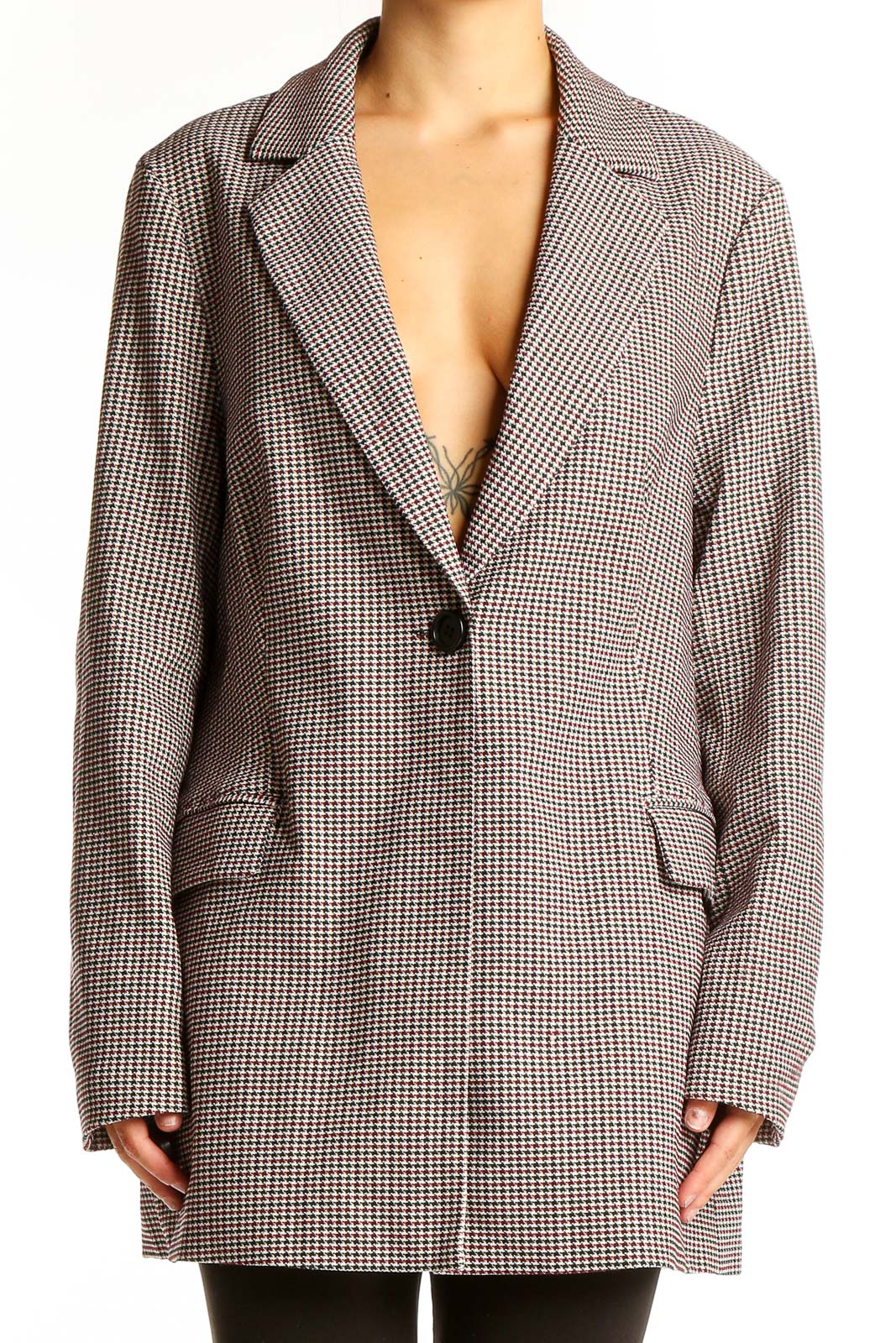 Front view of Adrianna Papell brown houndstooth check oversized blazer