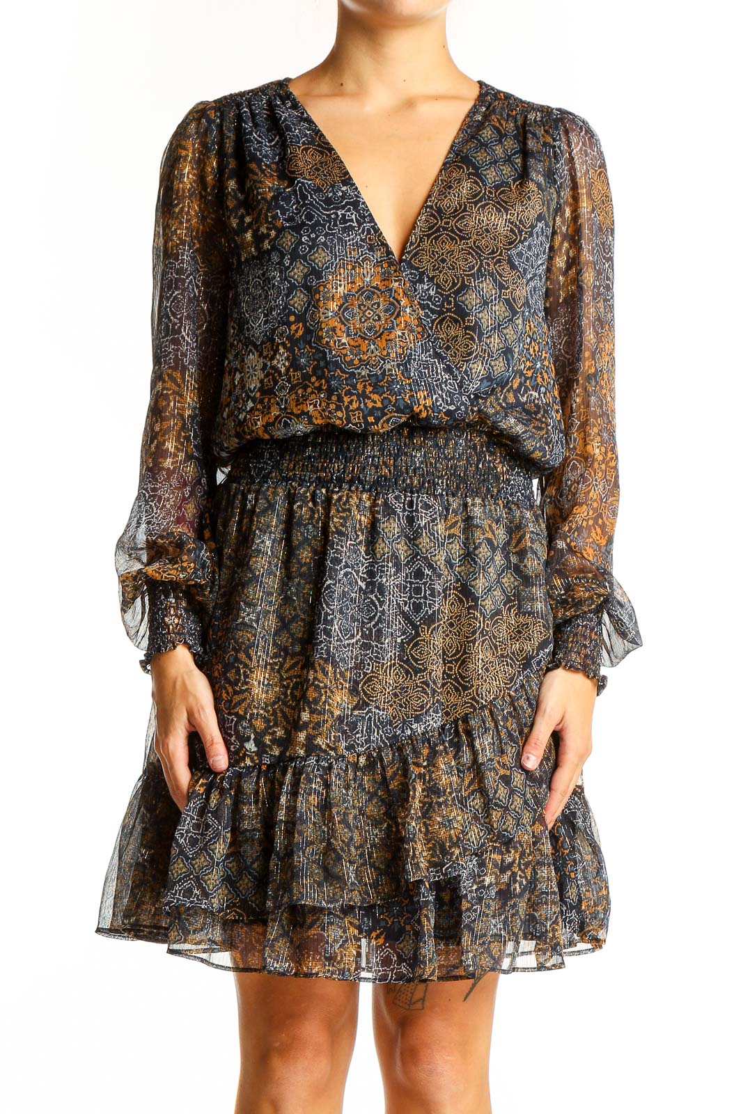 Front view of Michael Kors navy floral chiffon cocktail dress with V-neck and ruffle skirt