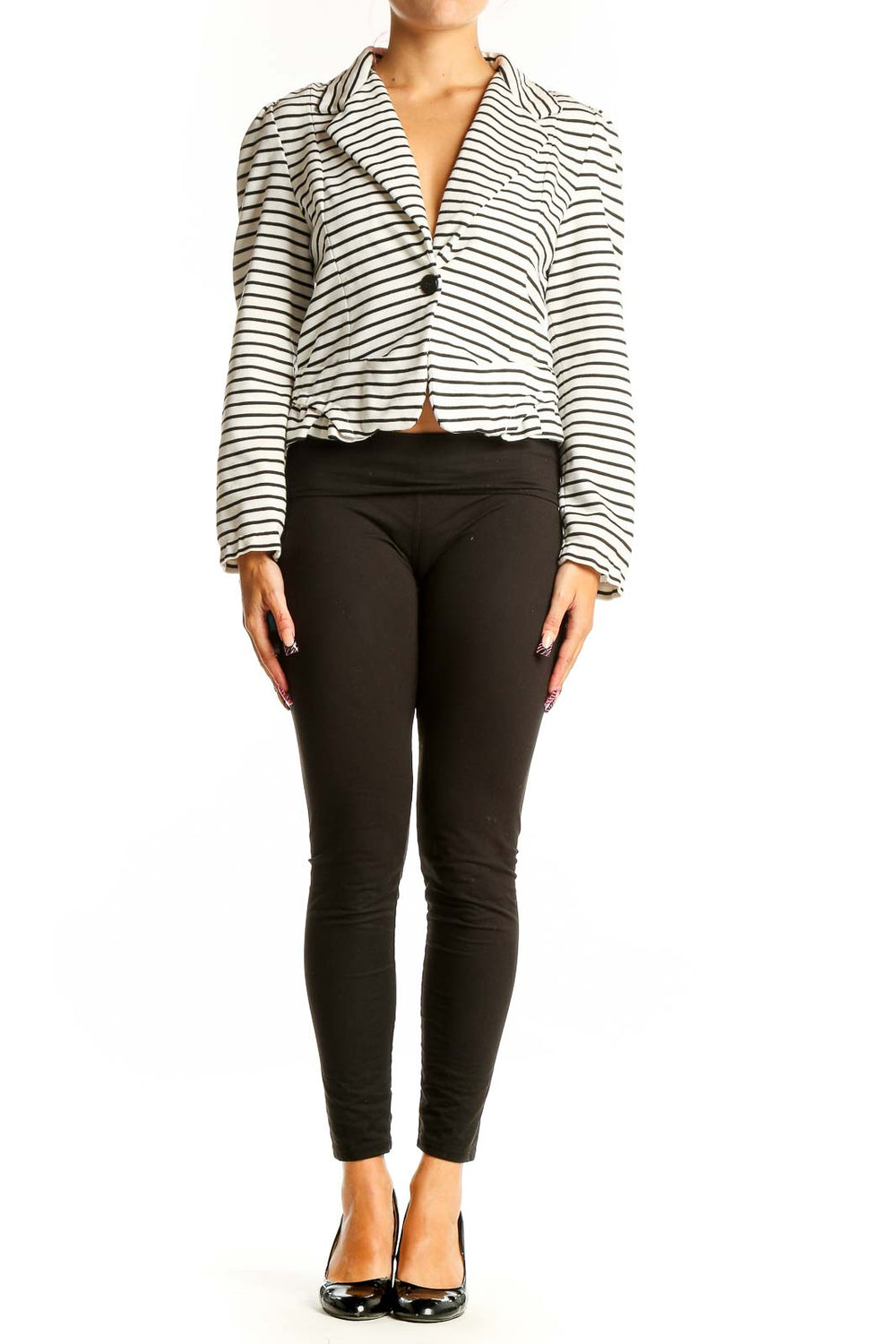 Front view of Cartonnier white striped cropped blazer with single-button closure