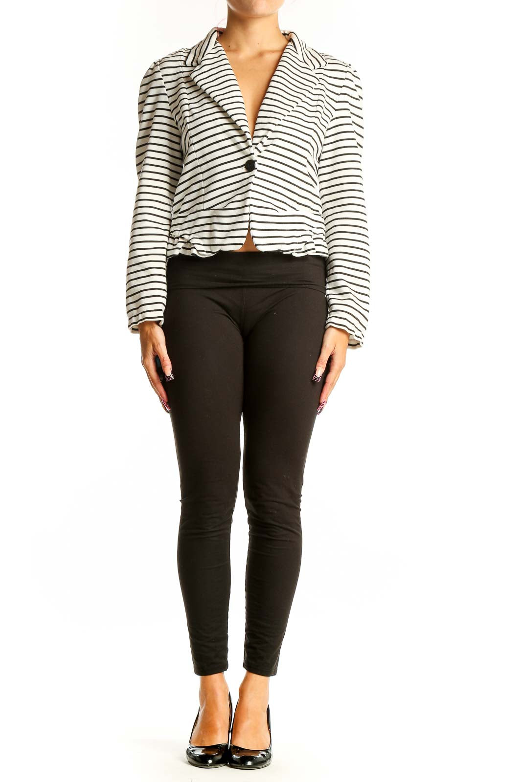 Front view of Cartonnier white striped cropped blazer with single-button closure