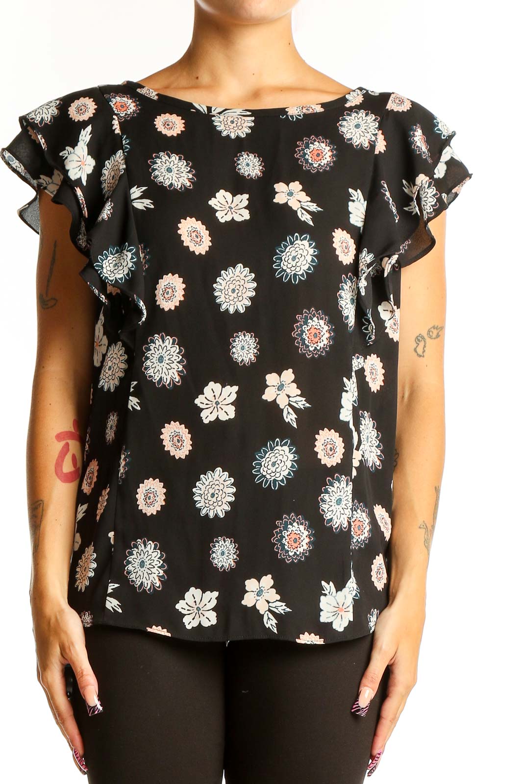 Front view of LOFT Outlet black floral print top with ruffle sleeves