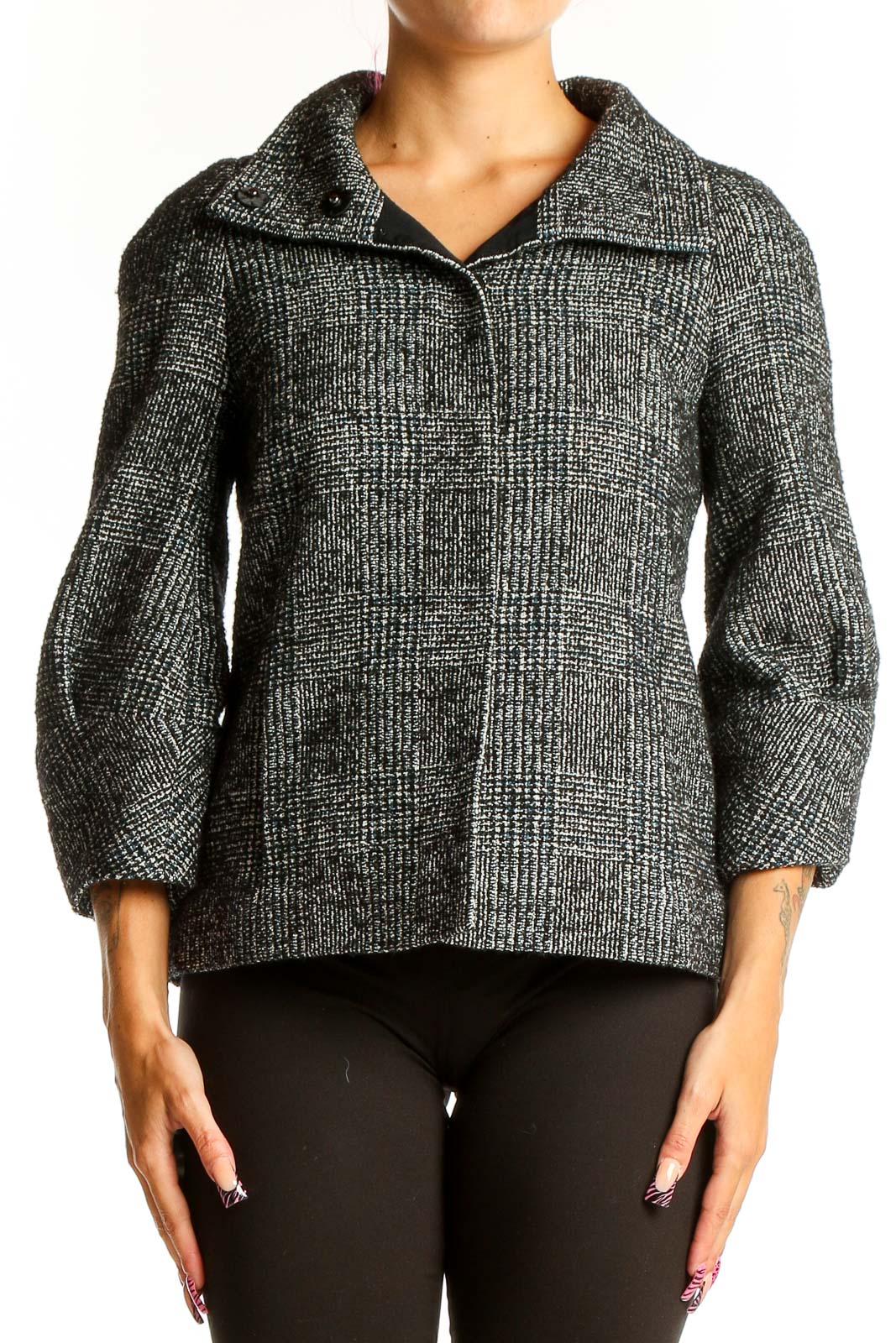 Front view of Ann Taylor LOFT gray textured cropped jacket