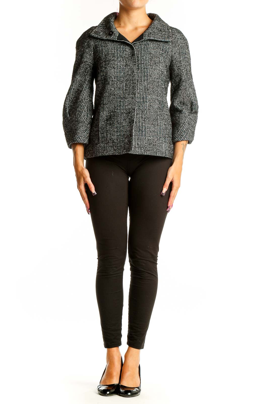 Front view of Ann Taylor LOFT gray textured cropped jacket