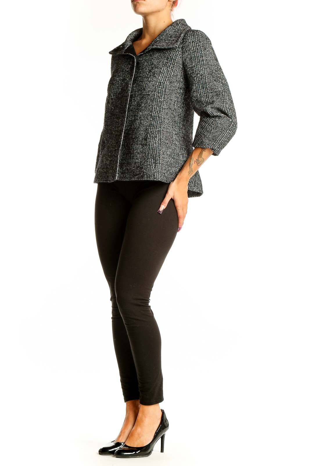 Front view of Ann Taylor LOFT gray textured cropped jacket