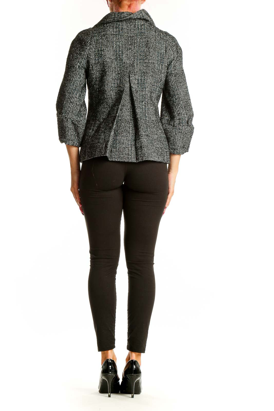 Back view of Ann Taylor LOFT gray textured cropped jacket on model