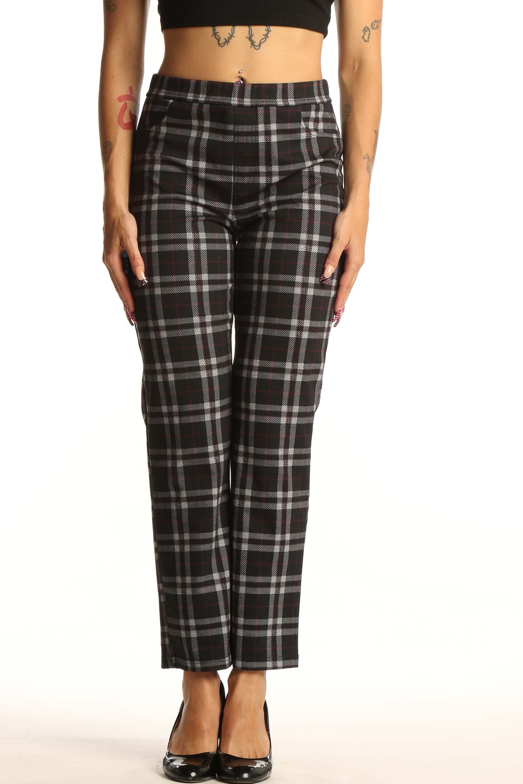Front view of Sanctuary black plaid straight-leg trousers on model