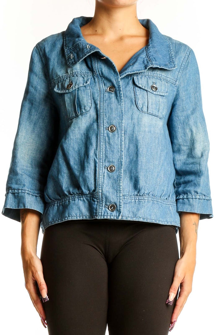 Front view of Ann Taylor LOFT blue cropped jacket with button closure and chest pockets