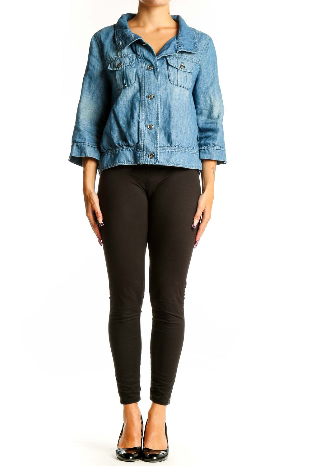 Front view of Ann Taylor LOFT blue cropped jacket with button closure and chest pockets