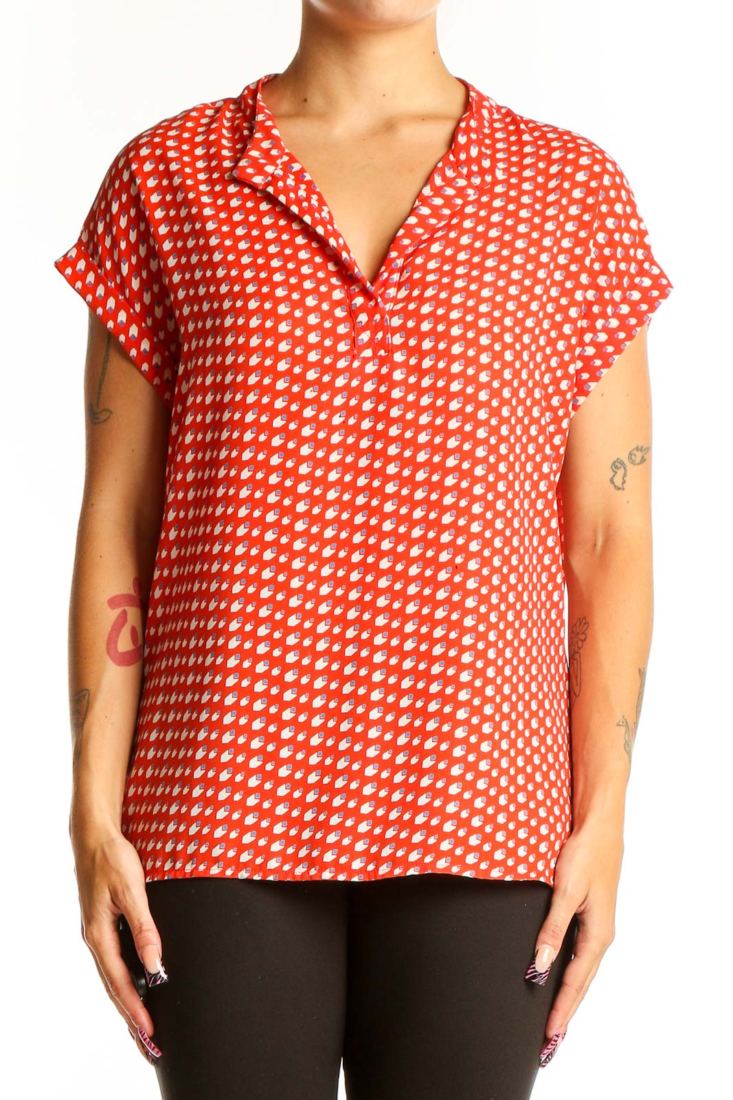 Front view of Pleione red polka dot short sleeve blouse with collar