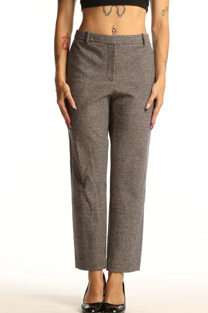 Front view of Theory gray houndstooth wool blend trousers