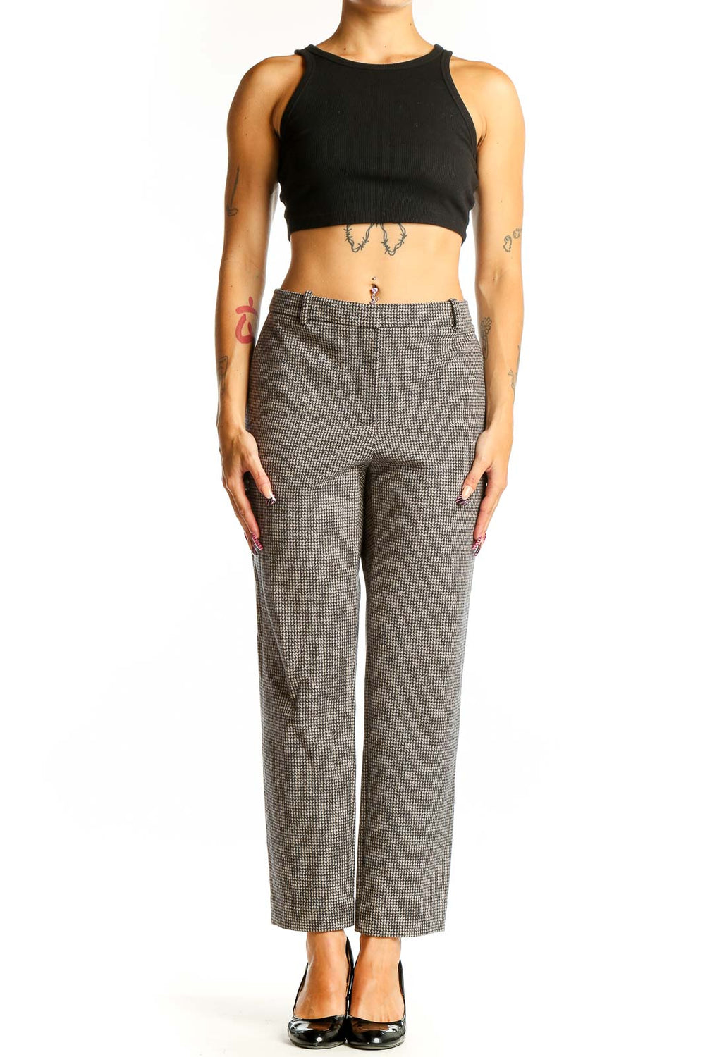 Front view of Theory gray houndstooth wool blend trousers