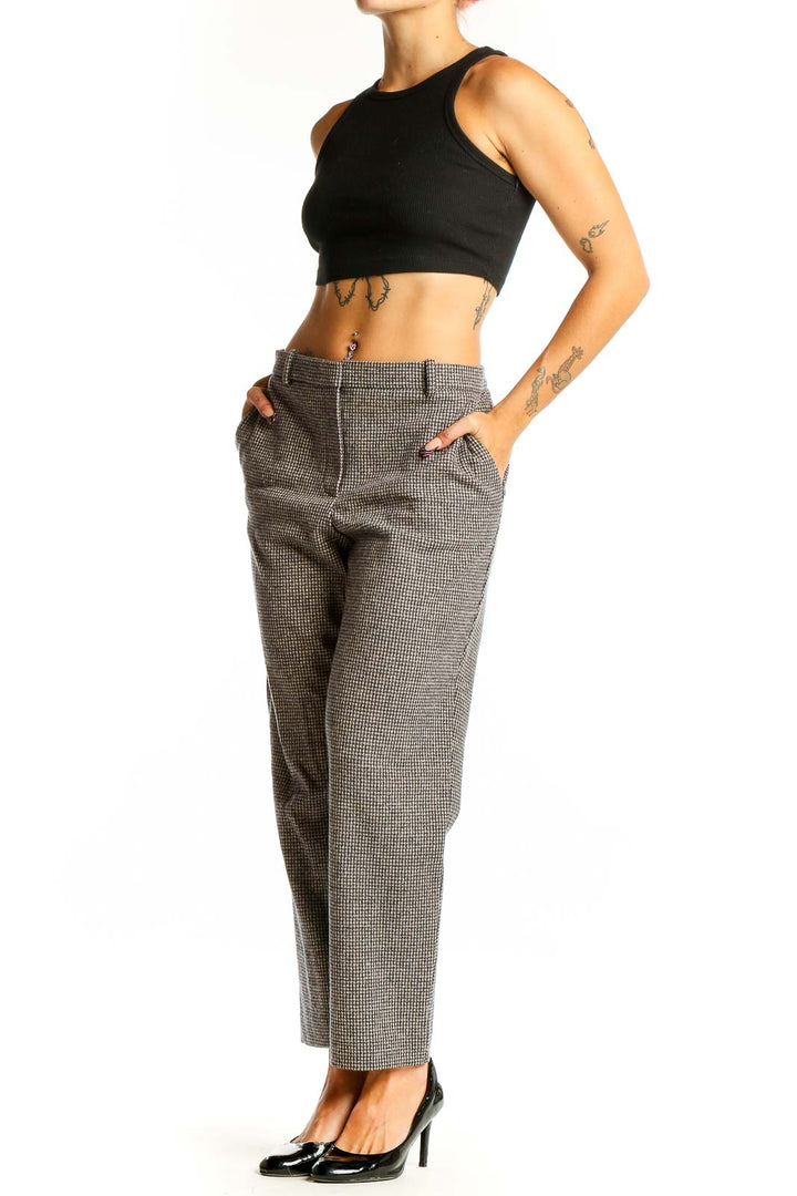 Front view of Theory gray houndstooth wool blend trousers