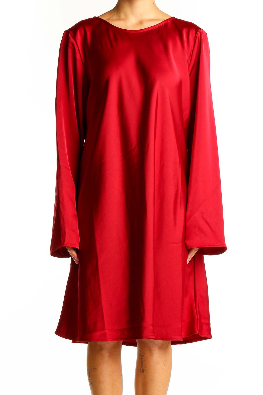 Red Polyester Long-Sleeve Shift Dress