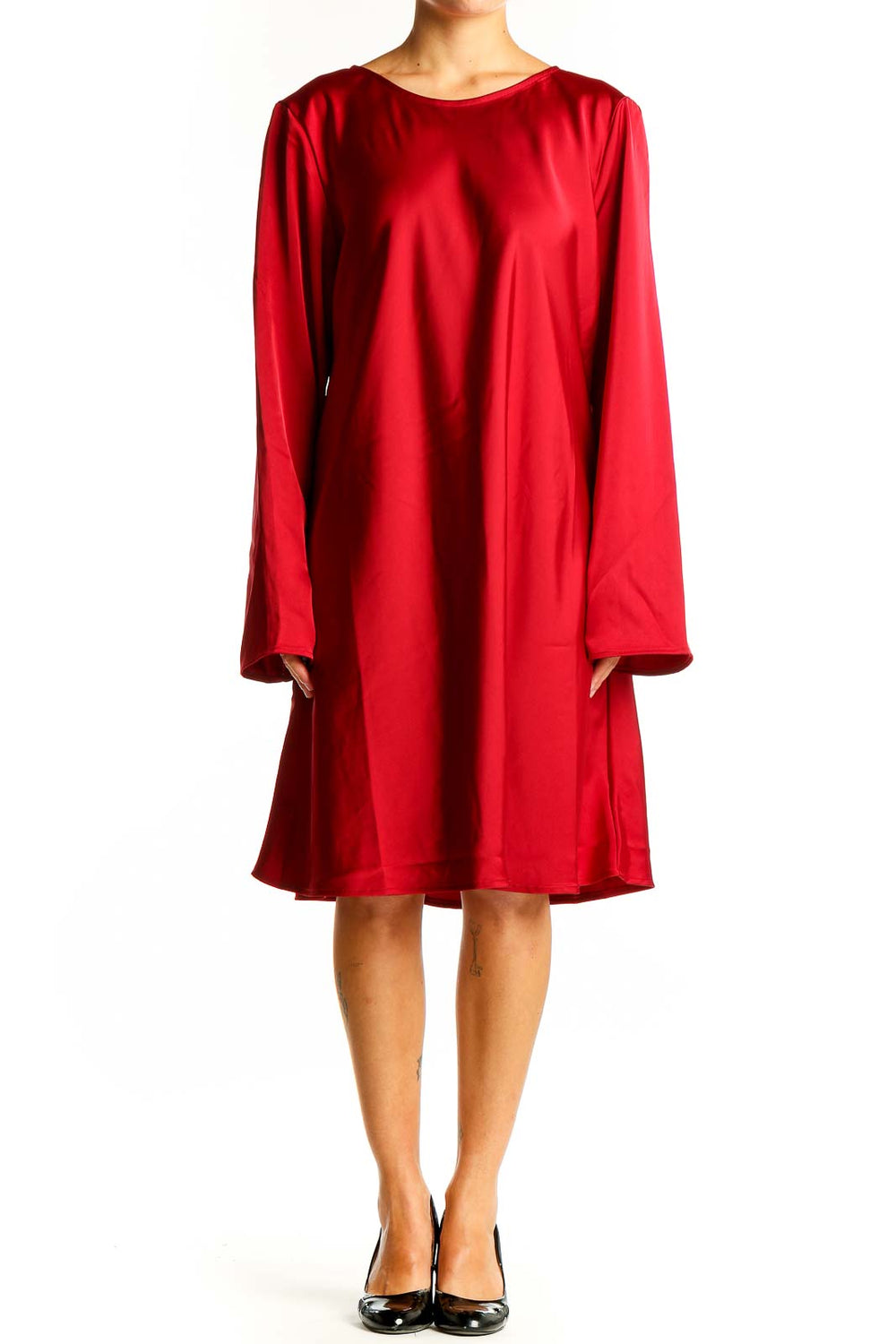 Front view of red long-sleeve shift dress from Gap