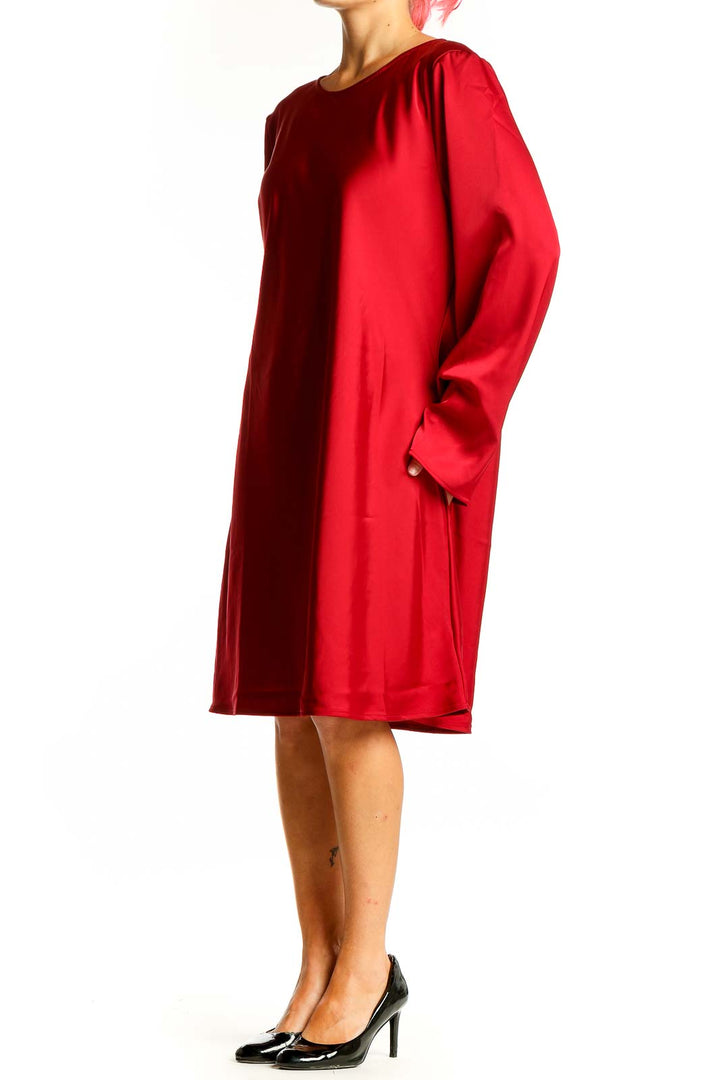 Front view of red long-sleeve shift dress from Gap