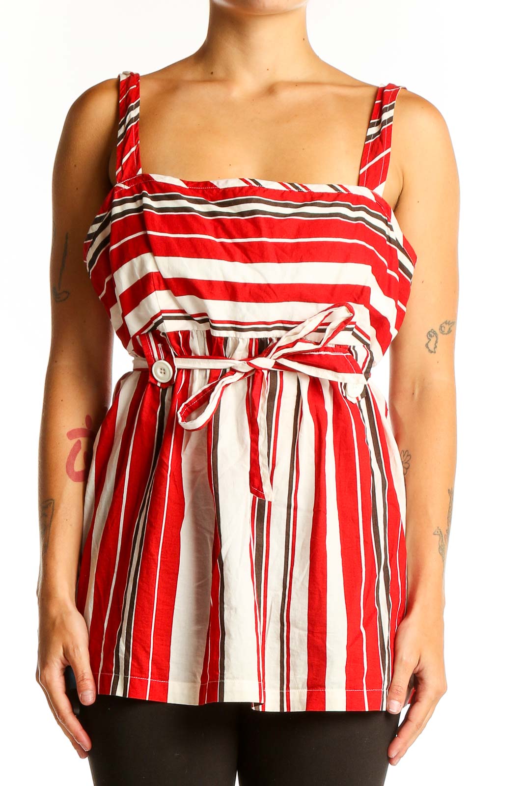 Front view of Ann Taylor LOFT Red and White Striped Sleeveless Top with tie waist