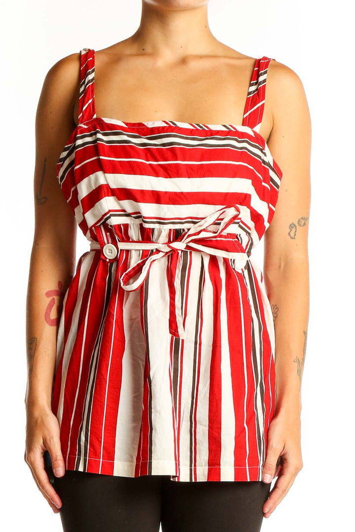 Front view of Ann Taylor LOFT Red and White Striped Sleeveless Top with tie waist