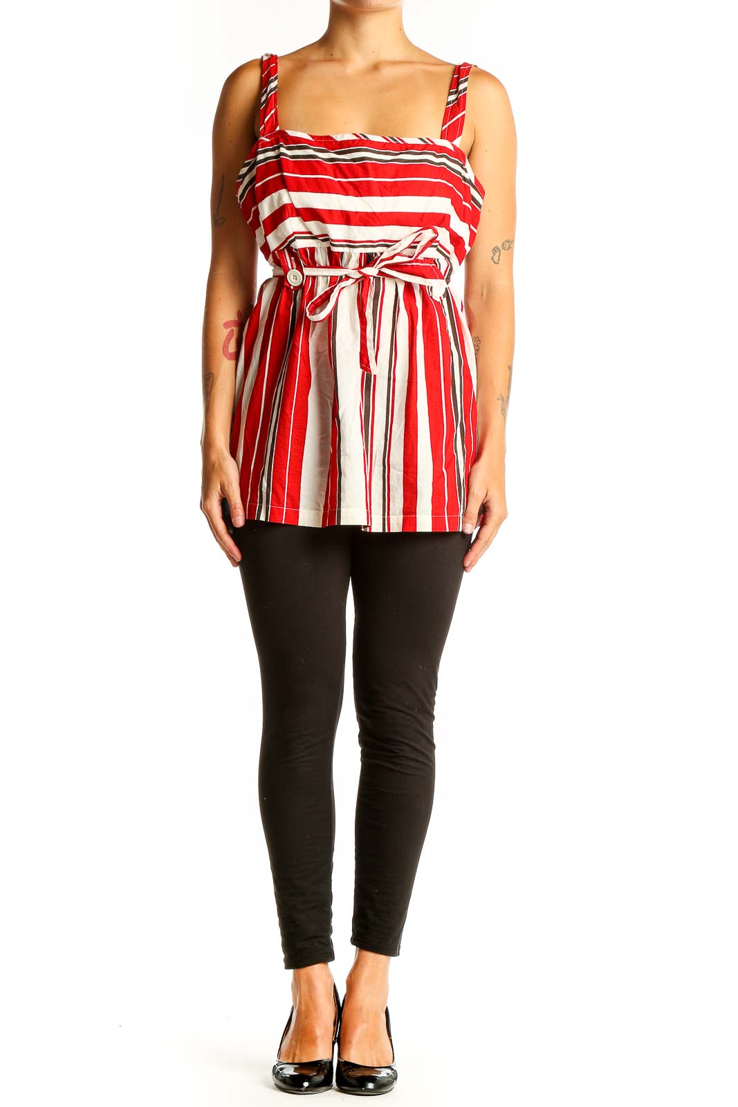 Front view of Ann Taylor LOFT Red and White Striped Sleeveless Top with tie waist