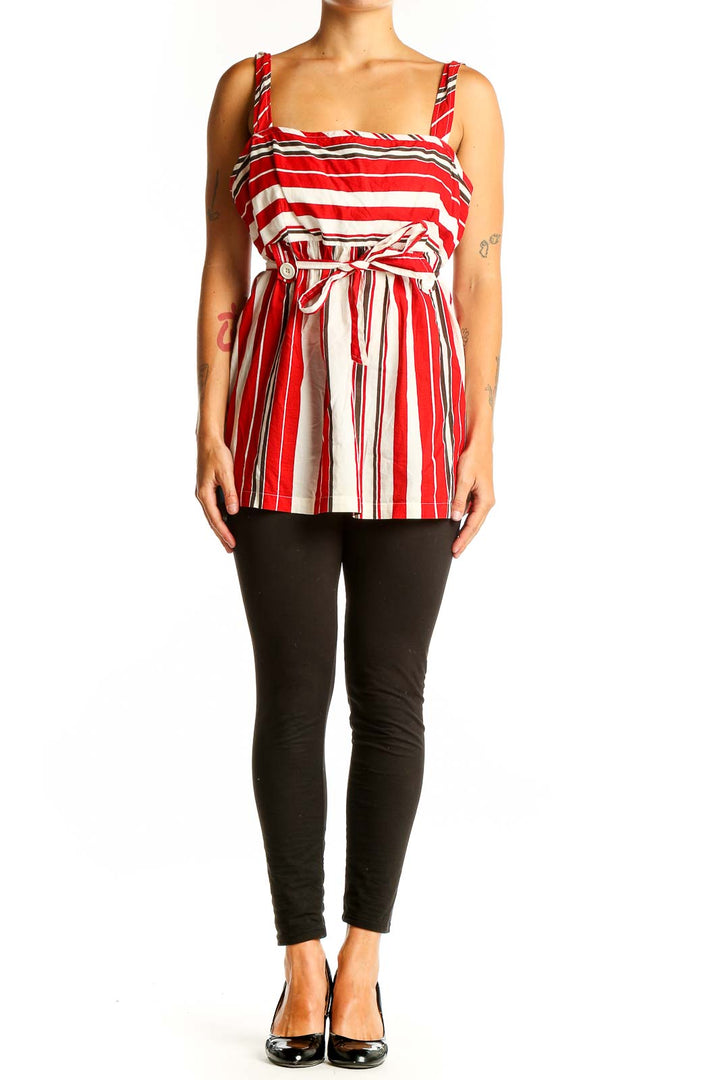 Front view of Ann Taylor LOFT Red and White Striped Sleeveless Top with tie waist
