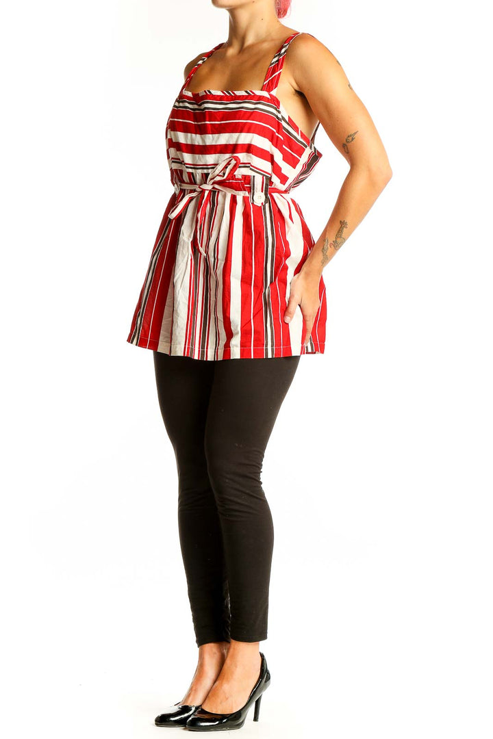 Front view of Ann Taylor LOFT Red and White Striped Sleeveless Top with tie waist