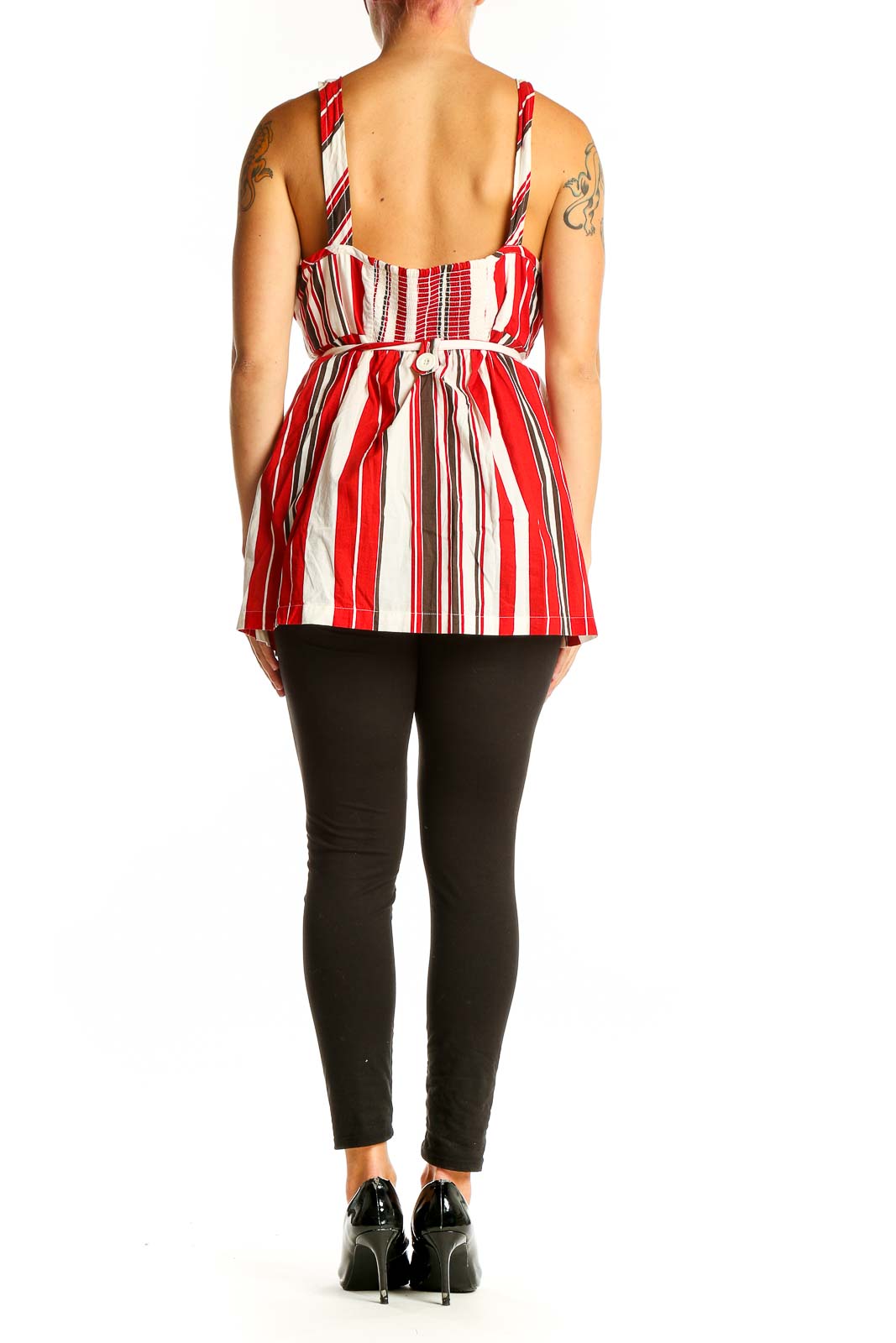 Side view of Ann Taylor LOFT Red and White Striped Sleeveless Top on model