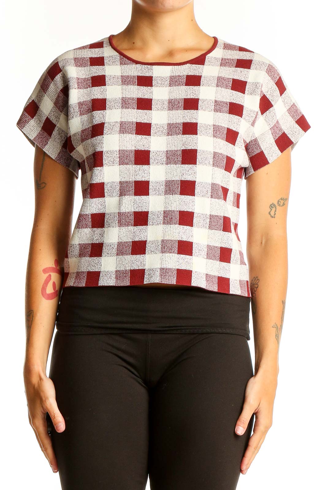 Front view of SilkRoll red and white checkered crop top